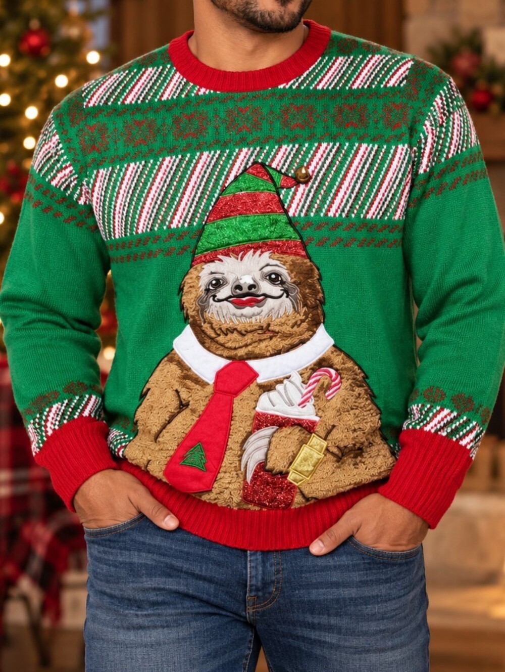 Holiday Hype Christmas Sloth Sweater Men’s Large Ugly Xmas Pullover Green #8